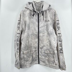 Huk Performance Fishing Jacket Waterproof Hooded‎ Zip Up Men Large Gray